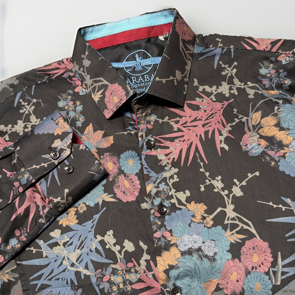 Barabas Mens Size L Button Up Black‎ Blue Abstract Floral Long Sleeve Shirt